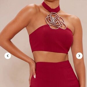 Elegant Red Halter Top and Pant Set with Floral Embellishment